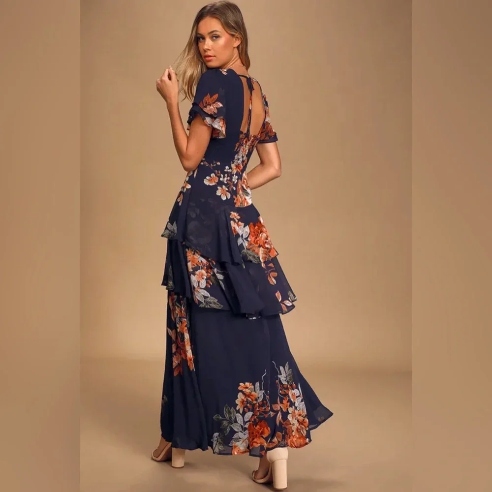 Lulus Midnight Mood Navy Blue Floral Print Tiered Maxi Dress - Size XL - Picture 3 of 3